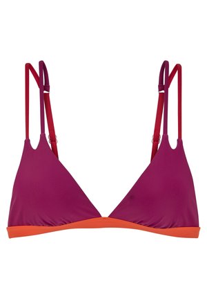 Kolmiomainen bikinitoppi syvän purppuran värisenä, jossa on kontrastoiva oranssi reunus, varustettuna säädettävillä olkaimilla ja sileällä, joustavalla kankaalla.