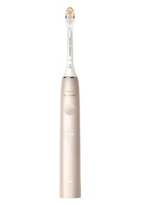 Brosse à dents électrique Philips Sonicare, manche en plastique doré, tête de brosse blanche avec accents bleus, bouton d'alimentation lumineux et indicateur de charge.