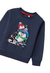 Felpa blu navy con stampa di tre pinguini in colorati cappelli e sciarpe, con polsini e orlo a costine, realizzata in tessuto morbido.