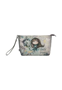 Pochette avec une fermeture éclair, ornée d'une illustration fantaisiste d'une fille et d'un chien. Tissu doux, couleurs pastel et une sangle de poignet pour le transport.