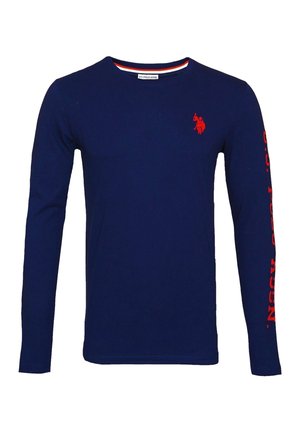 Marineblaues Langarm-T-Shirt aus Baumwolle, mit einem kleinen roten Logo auf der Brust und rotem Text entlang des linken Ärmels. Gerippter Rundhalsausschnitt.