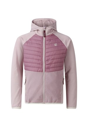 Chaqueta con capucha de color púrpura claro con panel acolchado en el pecho, cremallera completa frontal y bolsillos laterales con cremallera, diseñada con telas de texturas mixtas.