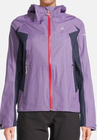 Light purple waterproof jacket with a hood, contrasting dark blue side panels, and a red zipper. Features zippered pockets and textured fabric.