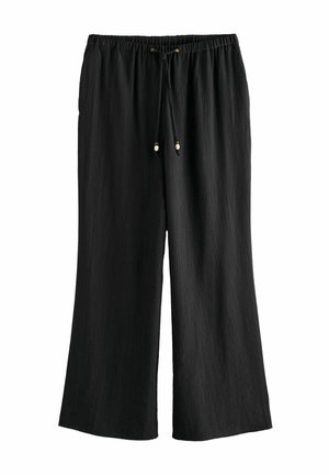 Black wide-leg trousers made of lightweight, textured fabric. Features an elastic waistband with drawstring and gold-tone hardware accents.