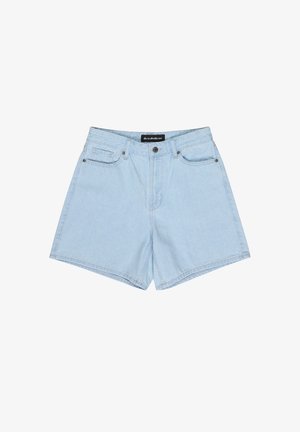 Világoskék magas derekú farmer rövidnadrág, két elülső zsebbel és tiszta szegéllyel. Fém gomb és varrás részletekkel.