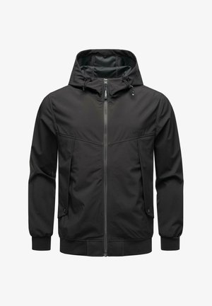 Black jacket featuring a zippered front, adjustable hood, side pockets, and ribbed cuffs. Smooth texture with subtle branding detail.