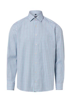 Herenoverhemd met lange mouwen, knopen, smal geruit patroon in blauw, paars en wit en een puntige kraag.