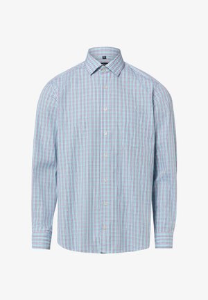 Chemise homme à manches longues boutonnée, motif à petits carreaux bleu, violet et blanc, col pointu.