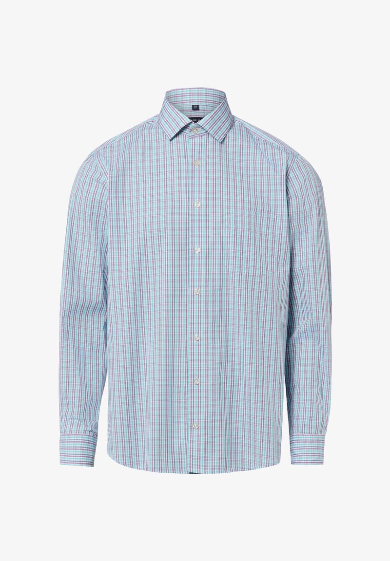 Chemise homme à manches longues boutonnée, motif à petits carreaux bleu, violet et blanc, col pointu.