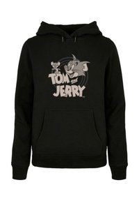 Czarna bluza z kapturem z przednią kieszenią i szarym oraz białym nadrukiem przedstawiającym Tom'a i Jerry'ego. Miękki materiał o swobodnym kroju.