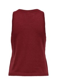 Haut tricot sans manches bordeaux avec un col rond, des bords côtelés et une texture lisse. Pas de coutures visibles au dos.