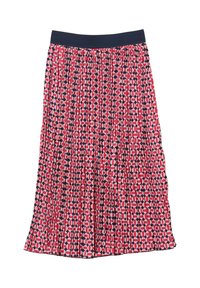 Gonna plissè al ginocchio con motivo geometrico rosso, rosa e blu navy e vita uniforme blu navy.