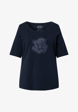 Marineblaues Kurzarmhemd mit Rundhalsausschnitt und abstraktem weißem Blumendesign mit gepunkteten Akzenten in der vorderen Mitte.