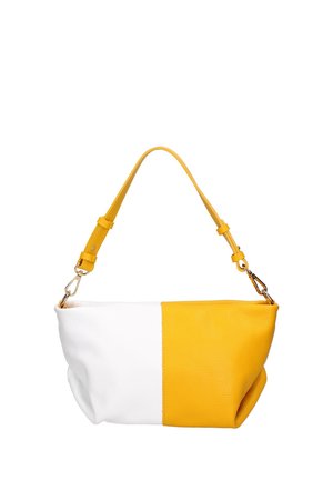 Borsa a tracolla bicolore con pannelli in pelle bianca e gialla e tracolla gialla regolabile con fibbie metalliche.