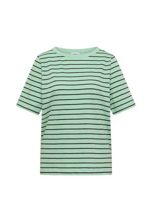 Mintgroen shirt met korte mouwen met dunne horizontale zwarte strepen, ronde hals en een regular fit.