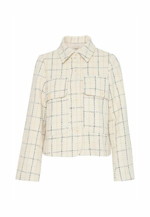 Cream plaid cropped jacket made of textured fabric, featuring two front pockets, a collar, and button closures. Outline stitching in navy blue.