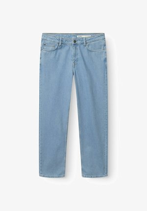 Lyseblå straight-leg cowboybukser med forlommer, bæltestropper og knaplås, vist på en hvid baggrund.