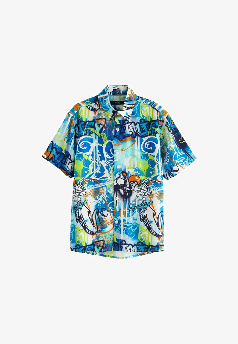 Lühikeste varrukatega nööpidega särk, mis on valmistatud kergest kangast ja millel on mitmevärviline graffitiprint sinises, rohelises, oranžis ja mustas.