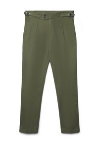 Pantaloni tapered verde oliva con tasche laterali, frontale plissettato, chiusura a doppio bottone e cinturini regolabili con fibbia in vita.