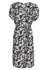 Vestido de estampado floral en tonos azules, blancos y marrones; manga corta, escote en V con un detalle de botón y una cinta a juego en la cintura.
