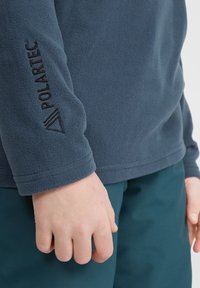 Blå fleecepullover med en strukturerad yta, som har en svart "Polartec"-logotyp på ärmen och en rak nederkant vid midjan.