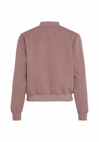 Veste bomber mauve à manches longues avec col, poignets et ceinture côtelés, vue de dos sur fond blanc.