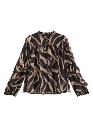 Bluzka z długim rękawem z lekkiego materiału z czarno-beżowym wzorem zebry, z falbankami na mankietach, zapinana na guziki, z wiązaniem przy dekolcie.