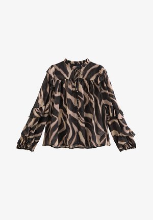 Bluzka z długim rękawem z lekkiego materiału z czarno-beżowym wzorem zebry, z falbankami na mankietach, zapinana na guziki, z wiązaniem przy dekolcie.