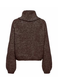 Brūns, masīvs adījums ar augstu, ribotu apkakli un pārmērīgām piedurknēm, ar īsu malu un mīkstu, teksturētu materiālu.