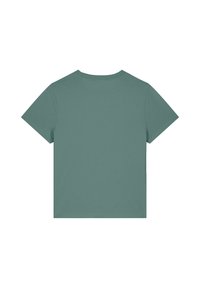 T-shirt vert menthe à manches courtes avec un col rond, fabriqué en coton doux, présentant un design simple et sans ornements.