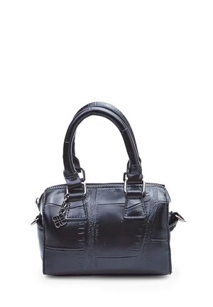Black faux leather handbag with a structured design, featuring short handles, zipper closure, and a textured pattern on the surface.