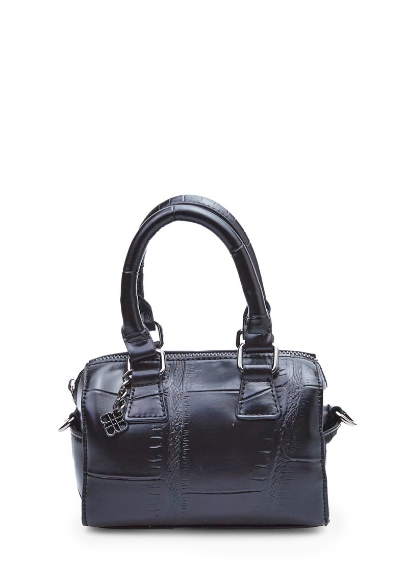 Borsa a mano nera in ecopelle con design strutturato, dotata di manici corti, chiusura a zip e una texture lavorata sulla superficie.