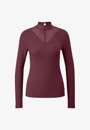 Langärmliges Oberteil mit hohem Kragen aus burgunderrotem Rippstoff. Verfügt über ein transparentes Spitzenpaneel mit geometrischem Muster am Ausschnitt und eine Öffnung mit Schlüsselöffnungsdesign am Rücken.