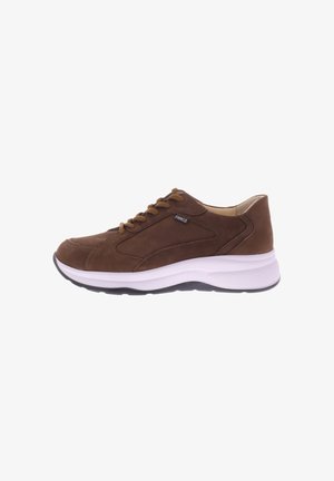 Brown leather lace-up sneaker with white cushioned sole and black outsole, branded with small "Finnco" label on side.