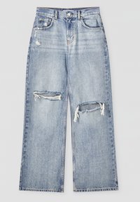 Jean large en denim à effet délavé clair, avec des déchirures usées, des bords effilochés, cinq poches et une fermeture classique à bouton.
