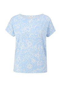 T-shirt bleu clair à manches courtes avec motif floral et tourbillon blanc, col rond et coupe ample décontractée.