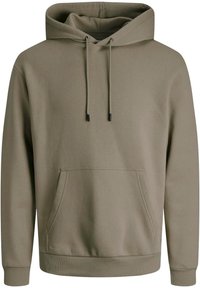 Khakifarbener Hoodie aus weichem Stoff, ausgestattet mit einer geräumigen Vordertasche, einer Kapuze mit Kordelzug, sowie gerippten Bündchen und Saum. Minimalistisches Design, einfarbig.