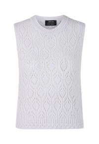 Weißer ärmelloser Strickpullover mit einem strukturierten Muster und floralen Motiven, rundem Ausschnitt und geripptem Saum.