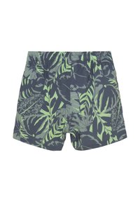 Herrbadshorts, grå med stort tryck av gröna tropiska blad, elastisk midja, lättviktspolyester, längd över knäet.