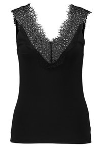 Svart ärmlös topp med en djup V-ringning och intrikata svarta spetsdetaljer, samt en slät och figursydd kropp. Spetsen har en fransad kant.