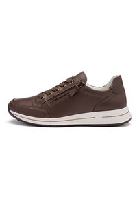 Brown leather sneaker with rounded toe, lace-up front, side zipper, and white midsole. Textured surface and contrasting stitching details.
