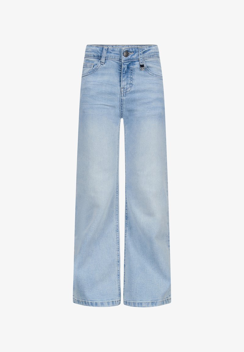 Jeans a gamba larga di colore blu chiaro in denim, con chiusura a bottone, cinque tasche e una leggera scoloritura per un aspetto casual.
