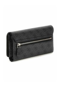 Portefeuille noir en similicuir avec un design texturé, doté d'une fermeture éclair argentée et de plusieurs compartiments, de forme rectangulaire et fine.