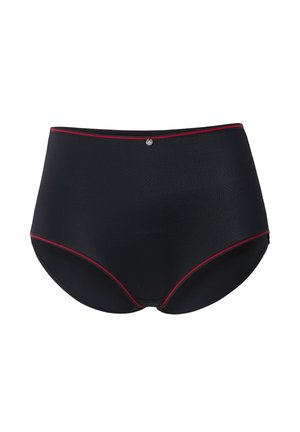 Hooggesneden zwarte slip met een gestructureerde afwerking, voorzien van een rode bies langs de tailleband en een metalen accent aan de voorkant.