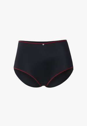Czarne majtki z wysokim stanem o fakturowanym wykończeniu, z czerwonym wykończeniem wzdłuż pasa i metalicznym akcentem z przodu.
