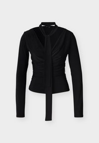 Μαύρο στενό μπλουζάκι με μακριά μανίκια, με ραμμένα πτυχώσεις στο μπροστινό μέρος και δεμένη κορδέλα στον λαιμό που κρέμεται στο κέντρο.