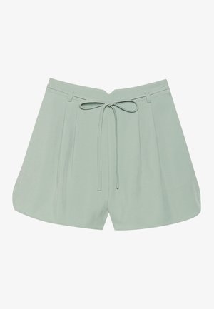 Pantaloni corti plissettati verde chiaro con vita regolabile, caratterizzati da una superficie liscia e una vestibilità comoda e rilassata, progettati per comfort e versatilità.