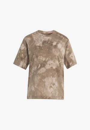 T-shirt a maniche corte beige e marrone chiaro con effetto tie-dye, con un logo discreto al centro del petto, scollo rotondo e vestibilità comoda.