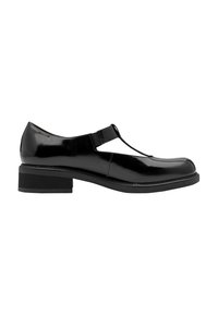 Chaussure à talon bas en cuir verni noir avec bride en T et bout arrondi, vue de profil sur fond blanc.