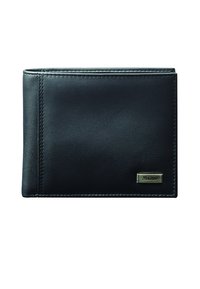 Zwarte leren portemonnee met een gladde textuur, met bi-vouwontwerp, contrasterende stiksels en een klein metalen merketiket aan de voorkant.